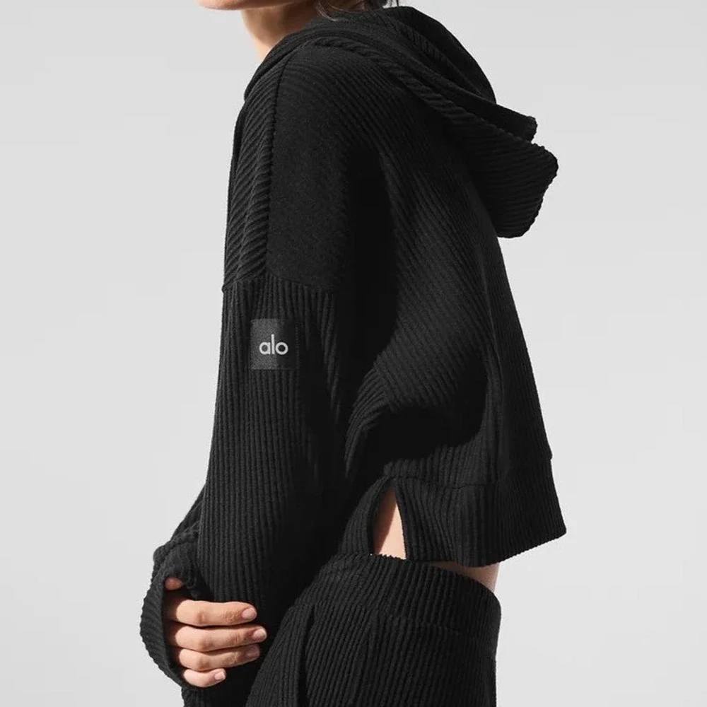 Alo Yoga Muse Hoodie Women Size Medium Black Ribbed Cropped Pullover Sweatshirt